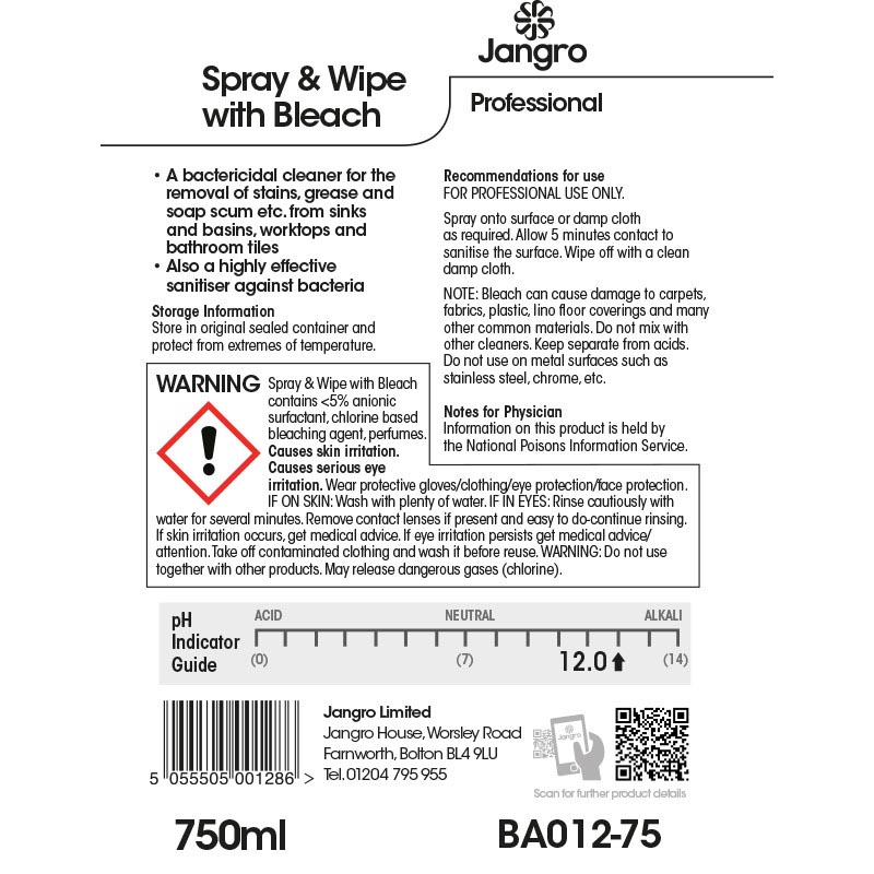 Jangro Spray & Wipe With Bleach 750ml Box 6